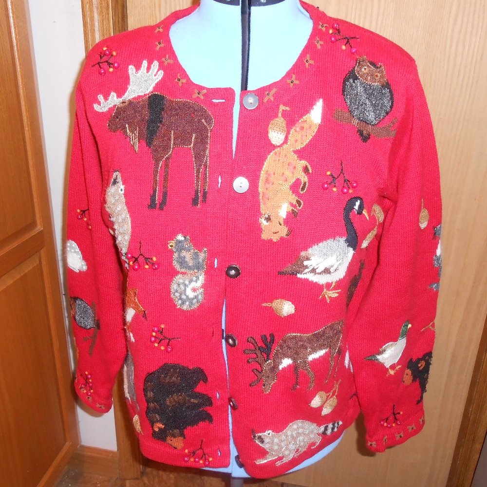 design option by philip and jane gordon red sweater with wild animals large